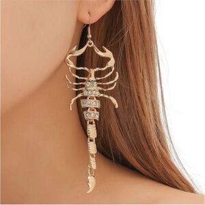 Vintage Style Rhinestone Goldtone Scorpion Dangle Drop Prom Glam Earrings